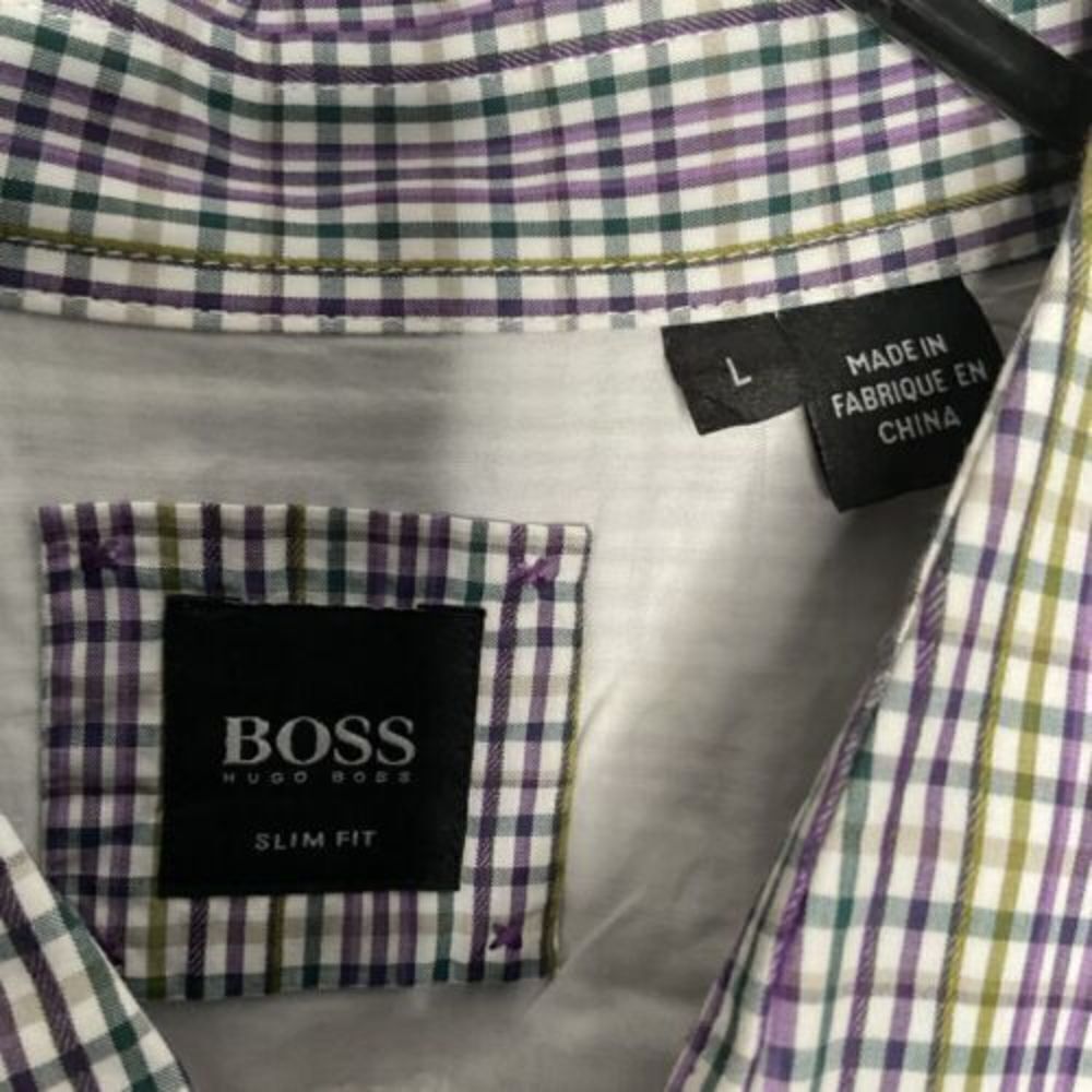 Hugo Boss Slim Fit Short Sleeve Button Up Shirt Purple Green Plaid Mens L